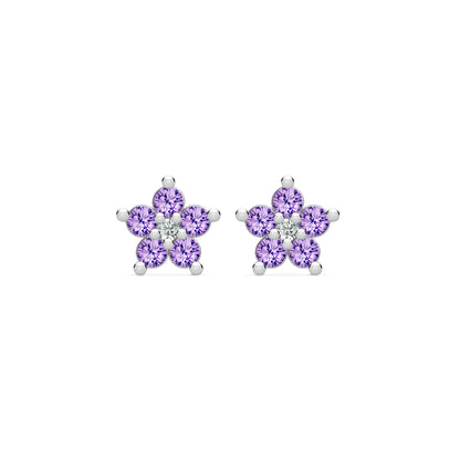 Greenwich Mini Flower Amethyst & Diamond Earrings in 14k Gold (February)