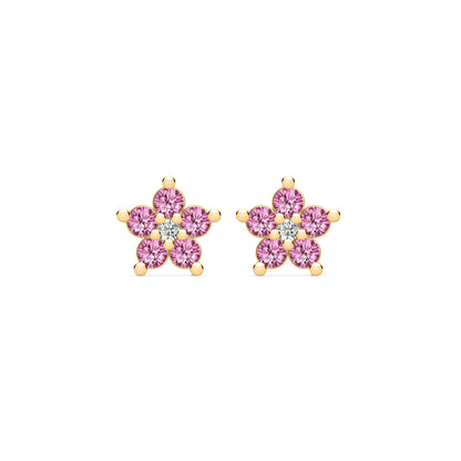 Greenwich Mini Flower Pink Sapphire & Diamond Earrings in 14k Gold (October)