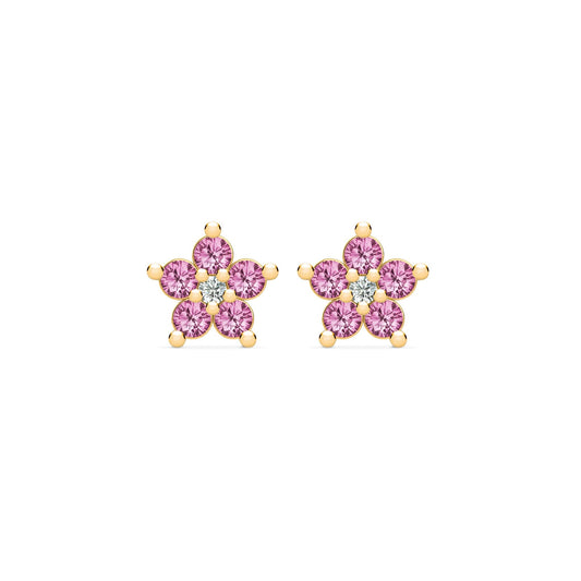 Greenwich Mini Flower Pink Sapphire & Diamond Earrings in 14k Gold (October)
