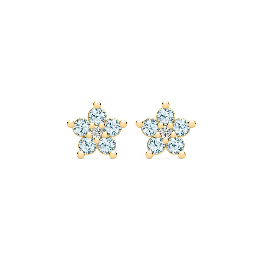 Greenwich Mini Flower Nantucket Blue Topaz & Diamond Earrings in 14k Gold (December)