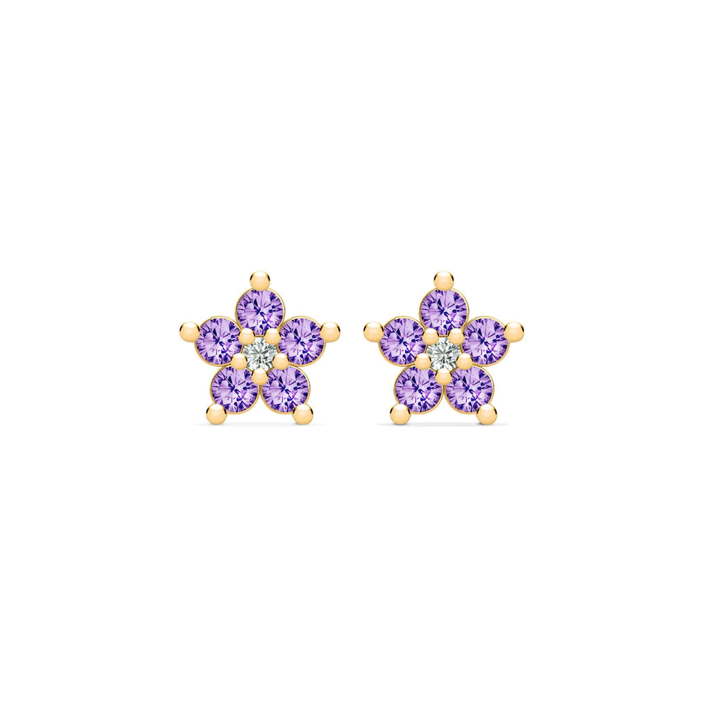 Greenwich Mini Flower Amethyst & Diamond Earrings in 14k Gold (February)