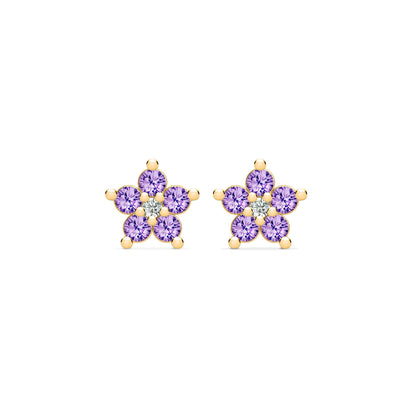 Greenwich Mini Flower Amethyst & Diamond Earrings in 14k Gold (February)