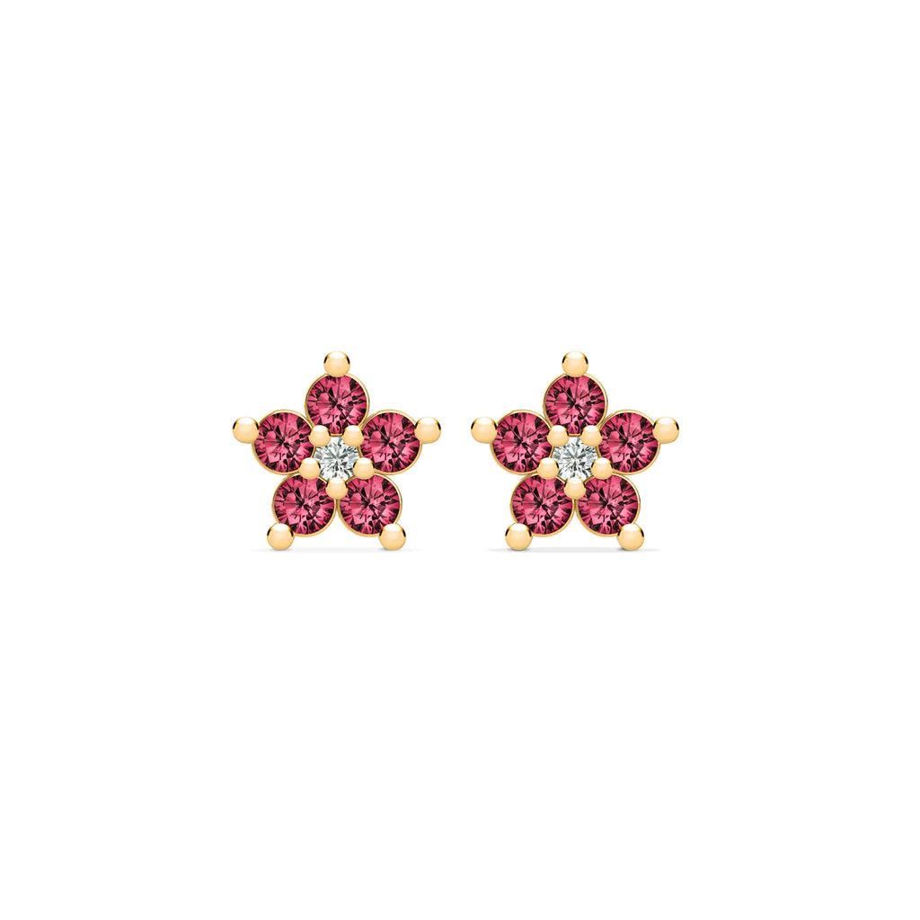 Greenwich Mini Flower Ruby & Diamond Earrings in 14k Gold (July)