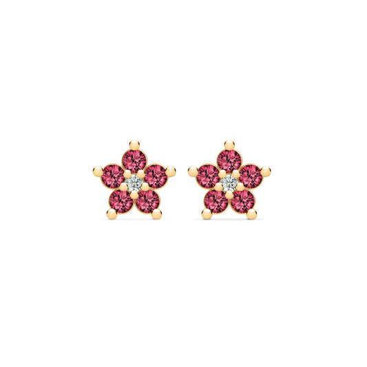 Greenwich Mini Flower Ruby & Diamond Earrings in 14k Gold (July)