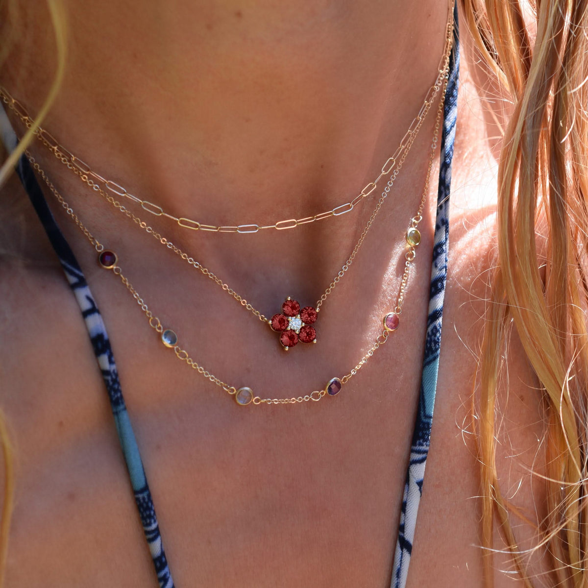 Greenwich Flower Garnet & Diamond Necklace and Earrings Set in 14k Gold (January)