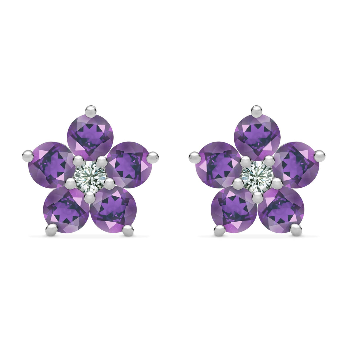 Greenwich Flower Amethyst & Diamond Earrings in 14k Gold (February)