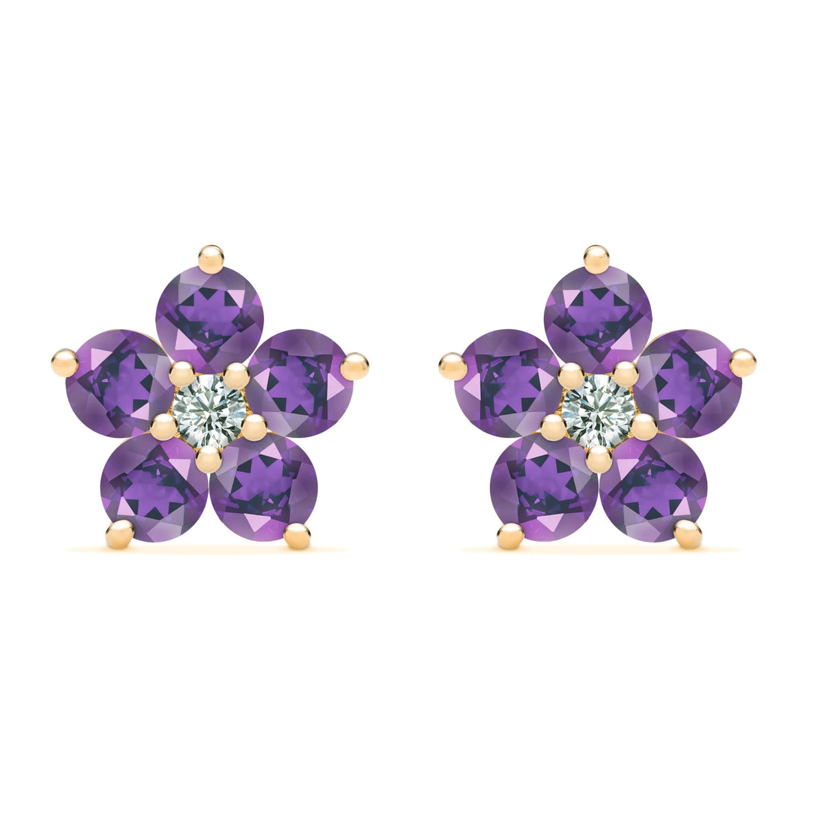 Greenwich Flower Amethyst & Diamond Earrings in 14k Gold (February)