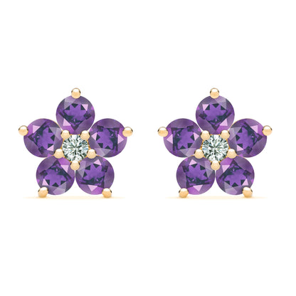 Greenwich Flower Amethyst & Diamond Earrings in 14k Gold (February)