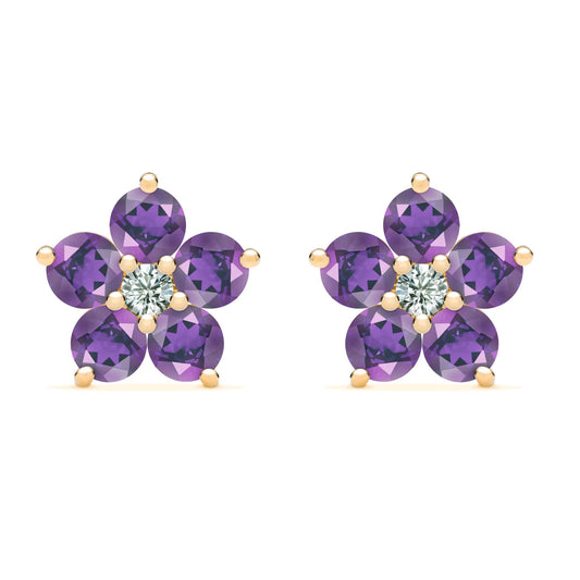 Greenwich Flower Amethyst & Diamond Earrings in 14k Gold (February)