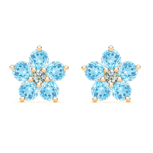 Greenwich Flower Nantucket Blue Topaz & Diamond Earrings in 14k Gold (December)