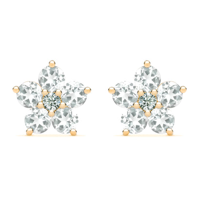 Greenwich Flower White Topaz & Diamond Earrings in 14k Gold (April)