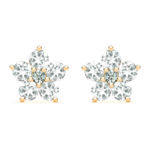 Greenwich Flower White Topaz & Diamond Earrings in 14k Gold (April)