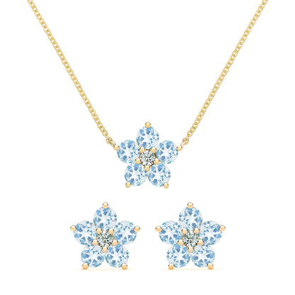 Greenwich Flower Aquamarine & Diamond Necklace and Earrings Set in 14k Gold (March)