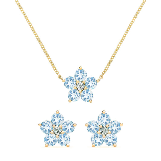 Greenwich Flower Aquamarine & Diamond Necklace and Earrings Set in 14k Gold (March)