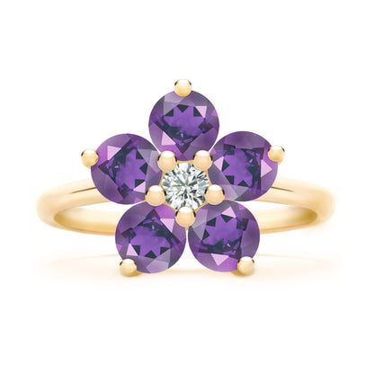 Greenwich Flower Amethyst & Diamond Ring in 14k Gold (February)