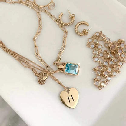 Small Engravable Flat Heart Pendant with Classic Chain in 14k Gold