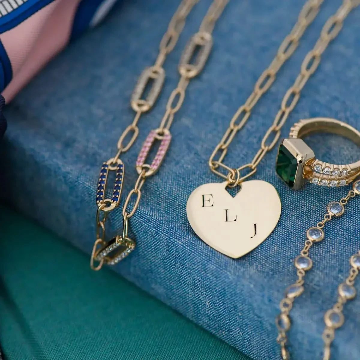 Engravable Large Flat Heart Pendant with ADELAIDE Chain in 14k Gold