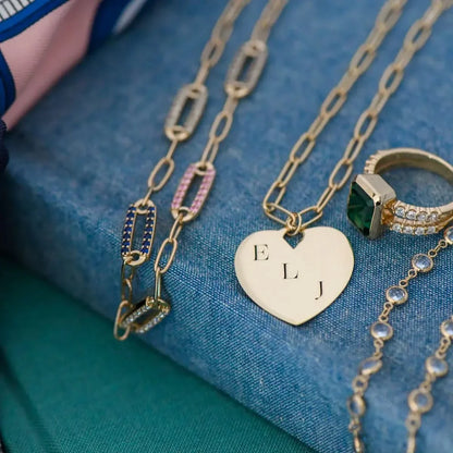 Engravable Large Flat Heart Pendant with ADELAIDE Chain in 14k Gold