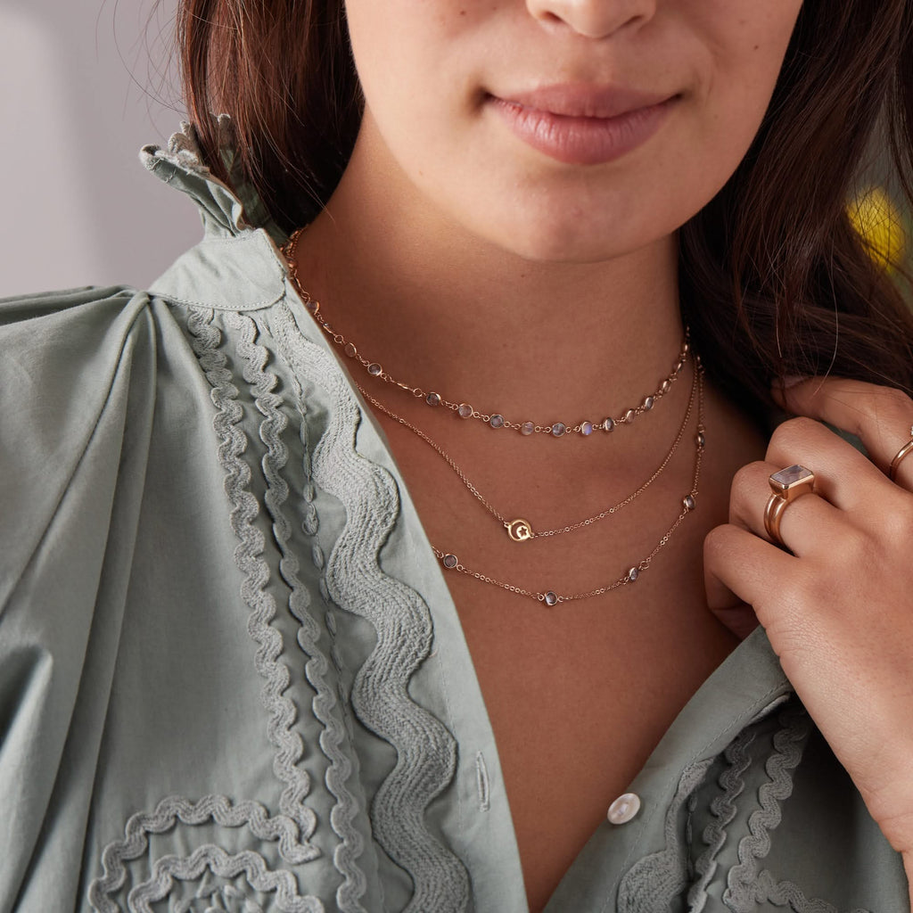 Crescent & Star Disc Necklace in 14k Gold