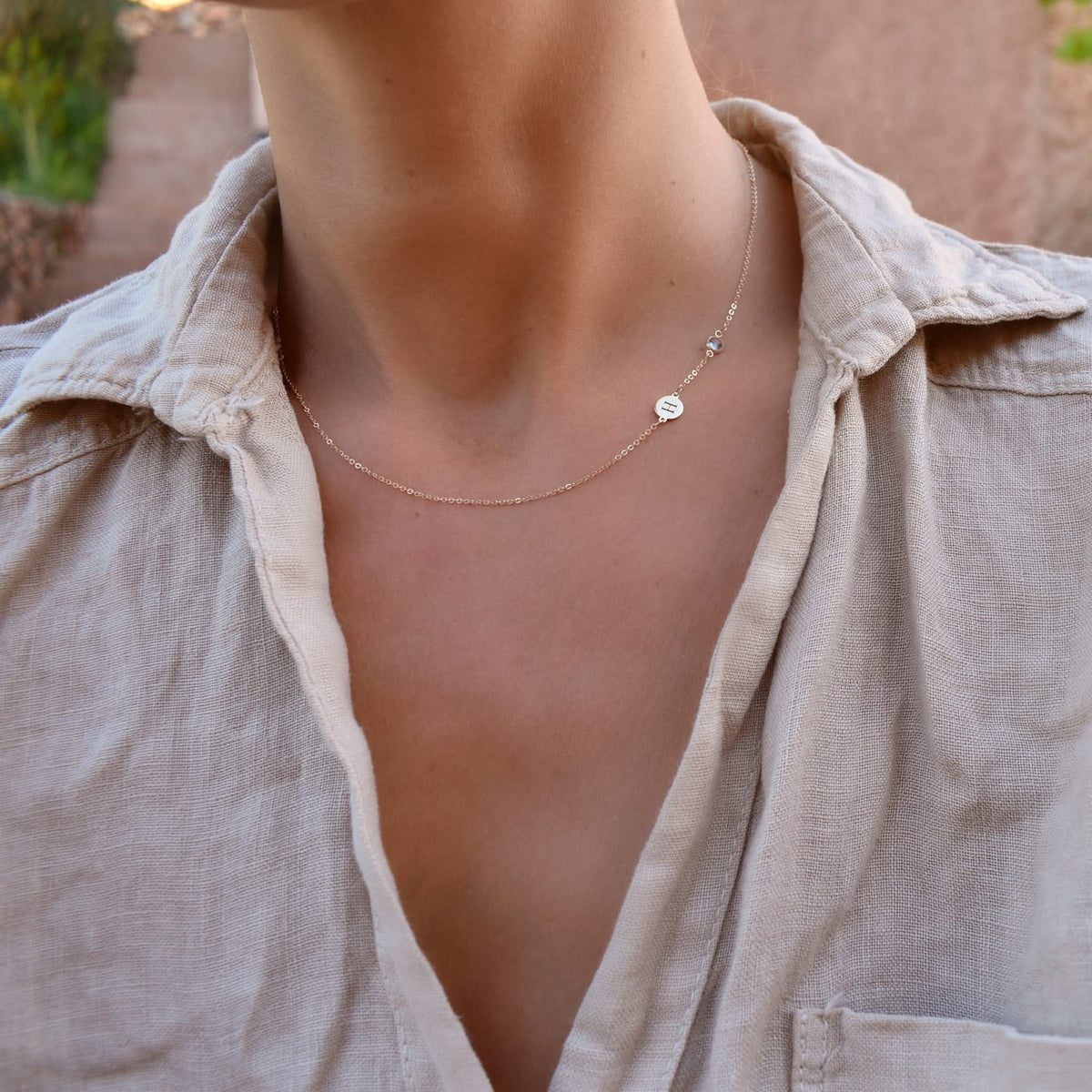 1 Letter & 1 Petite Birthstone Necklace in 14k Gold (Double Spacing)