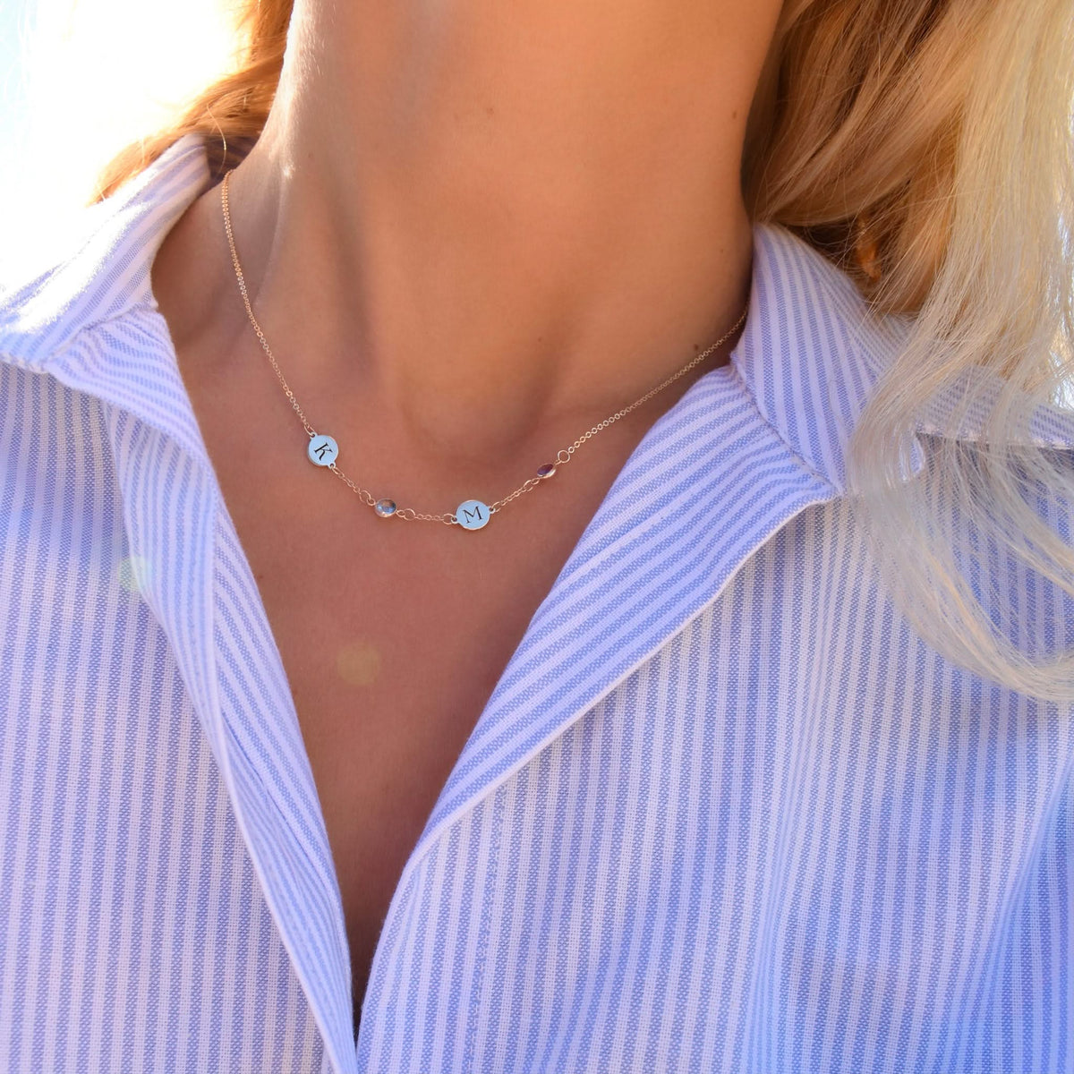 2 Letter & 2 Petite Birthstone Necklace in 14k Gold (Single Spacing)