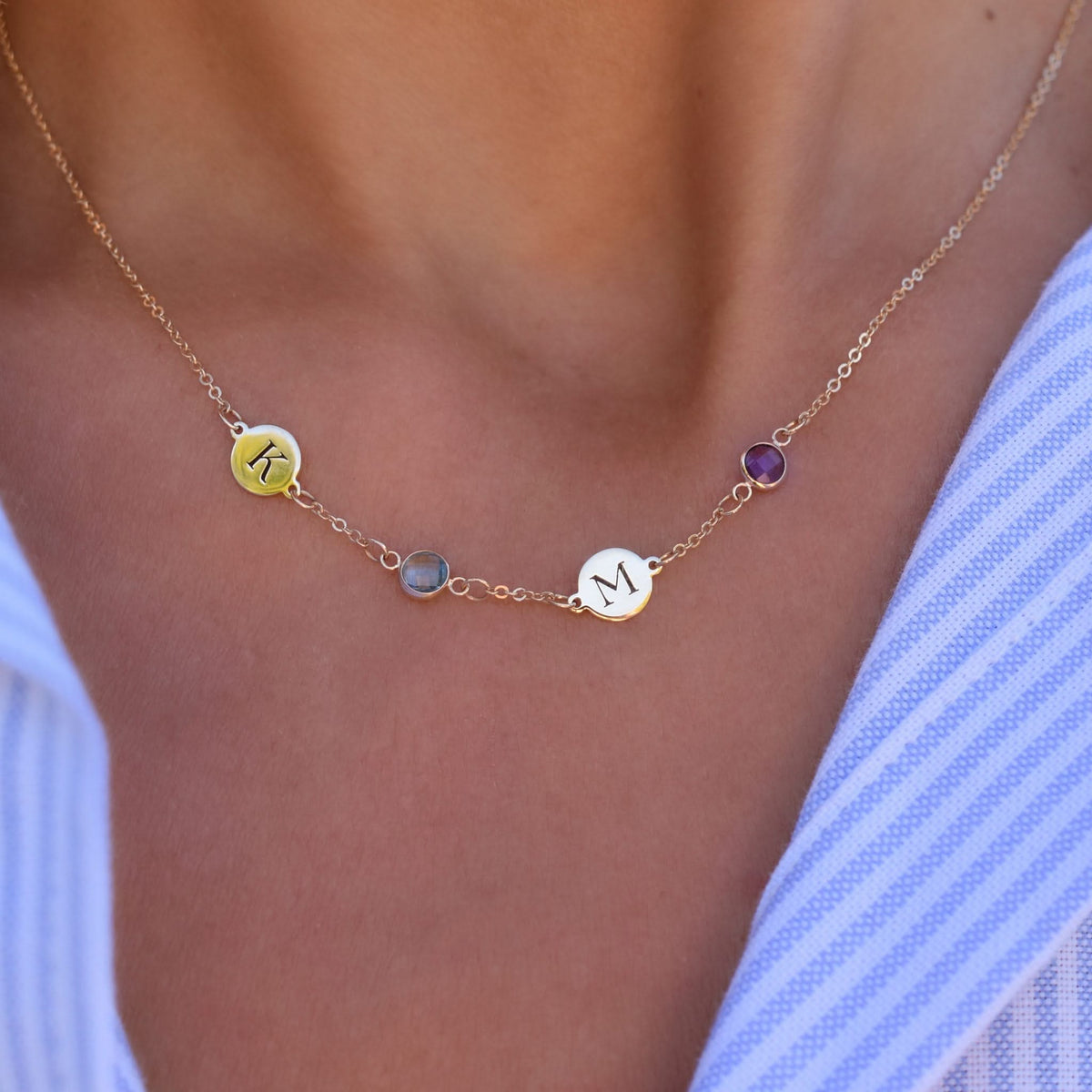 2 Letter & 2 Petite Birthstone Necklace in 14k Gold (Single Spacing)