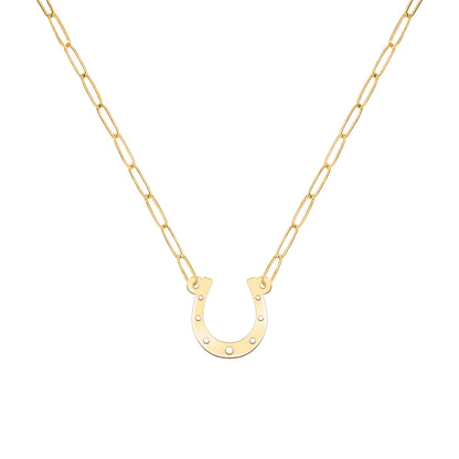 Large Flat Horseshoe Necklace with Adelaide Mini Chain in 14k Gold