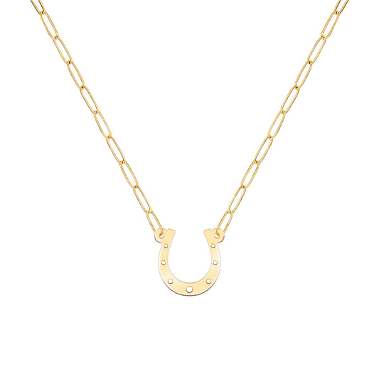 Large Flat Horseshoe Necklace with Adelaide Mini Chain in 14k Gold