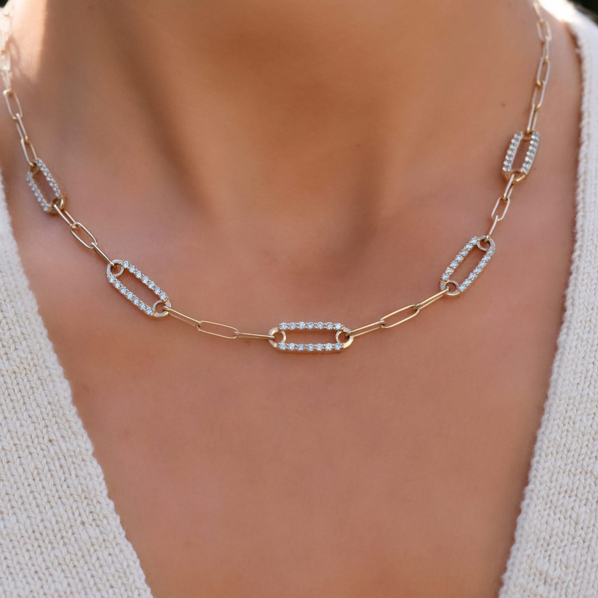Adelaide 5 Pavé Aquamarine Link Necklace in 14k Gold (March)