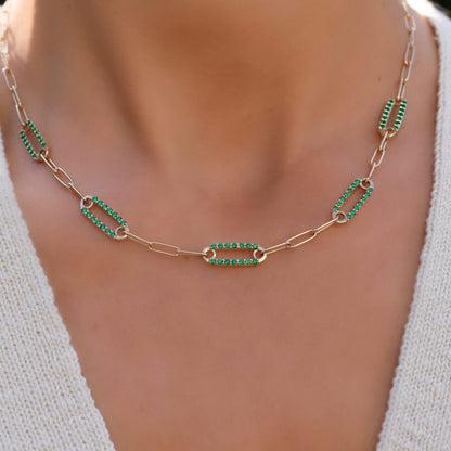 Adelaide 5 Pavé Emerald Link Necklace in 14k Gold (May)