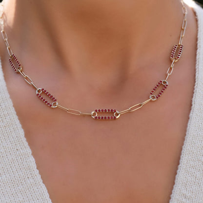 Adelaide 5 Pavé Garnet Link Necklace in 14k Gold (January)