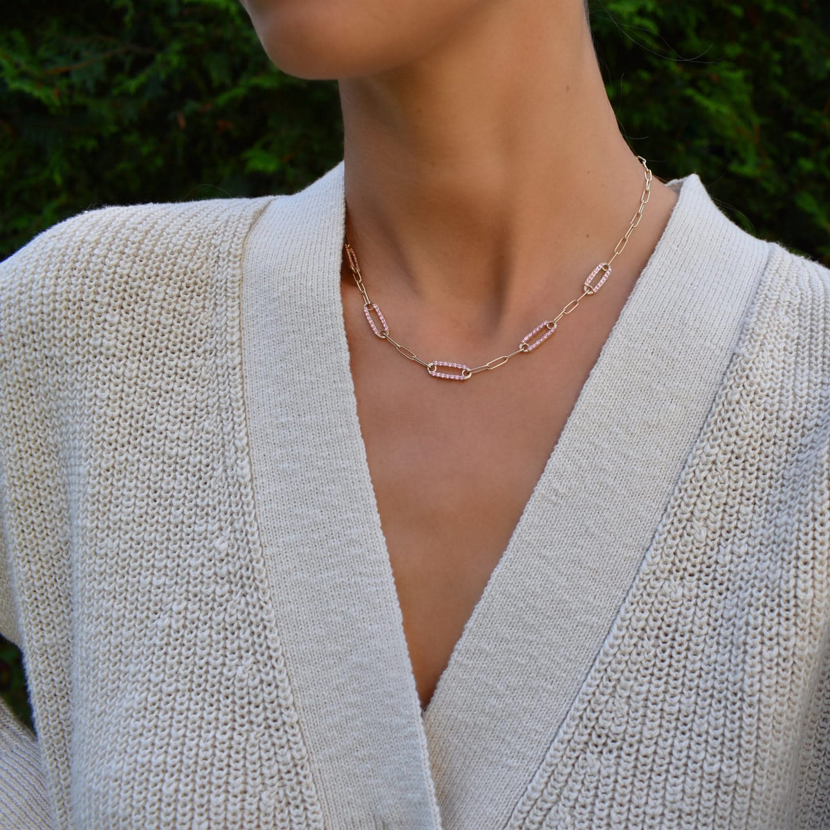 Adelaide 5 Pavé Pink Sapphire Link Necklace in 14k Gold (October)