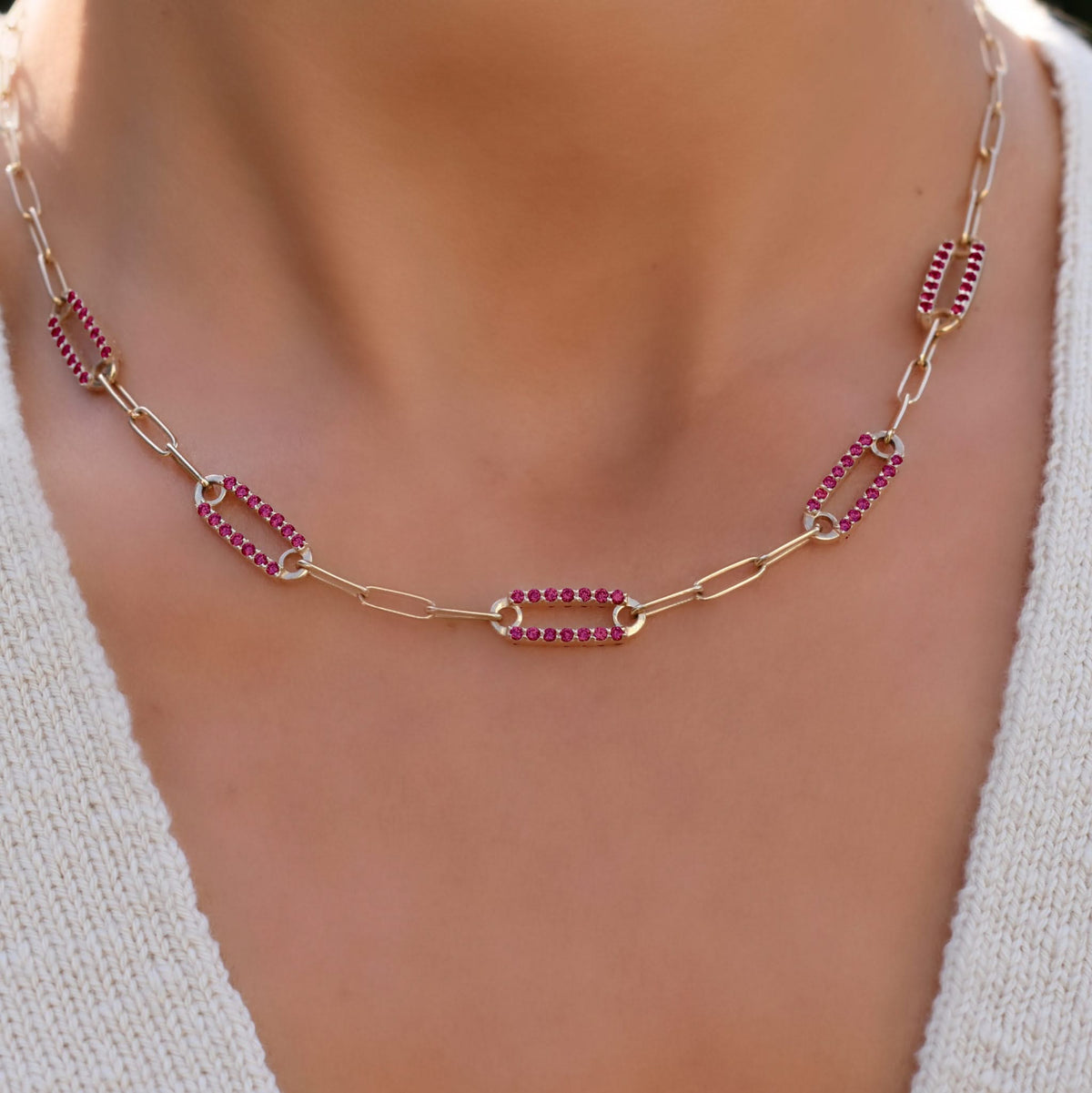 Adelaide 5 Pavé Ruby Link Necklace in 14k Gold (July)
