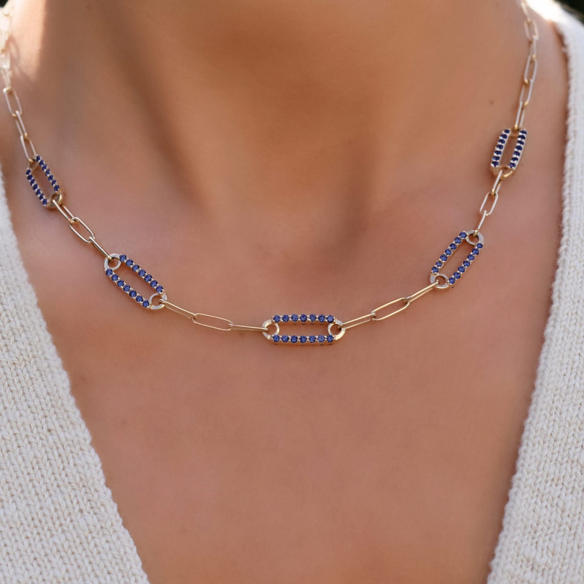 Adelaide 5 Pavé Sapphire Link Necklace in 14k Gold (September)