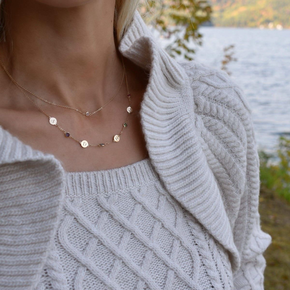 4 Letter & 4 Petite Birthstone Necklace in 14k Gold (Single Spacing)