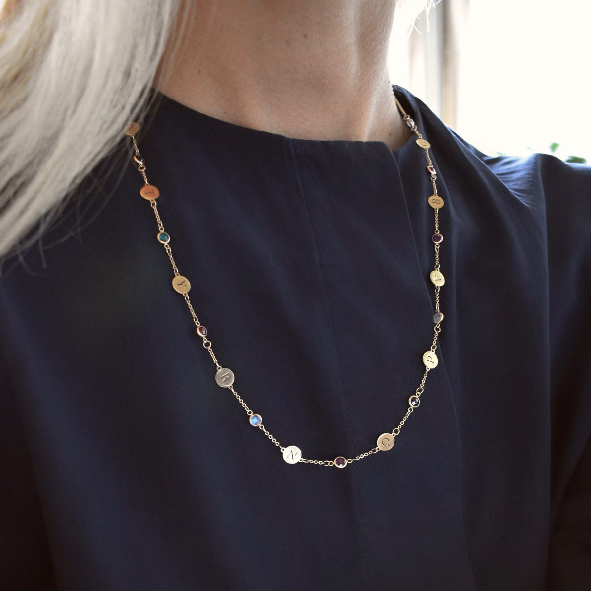 10 Letter & 10 Petite Birthstone Necklace in 14k Gold (Single Spacing)