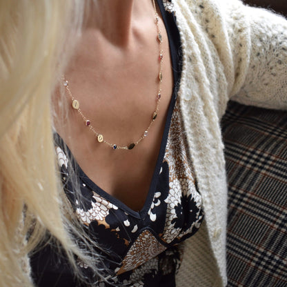9 Letter & 9 Petite Birthstone Necklace in 14k Gold (Single Spacing)