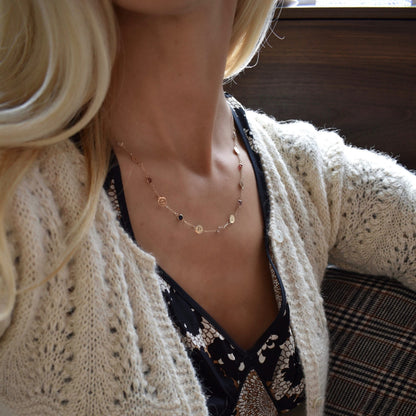 9 Letter & 9 Petite Birthstone Necklace in 14k Gold (Single Spacing)