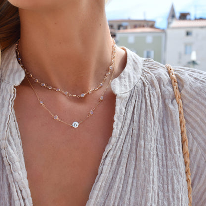 1 Letter & 4 Petite Birthstone Necklace in 14k Gold (Double Spacing)