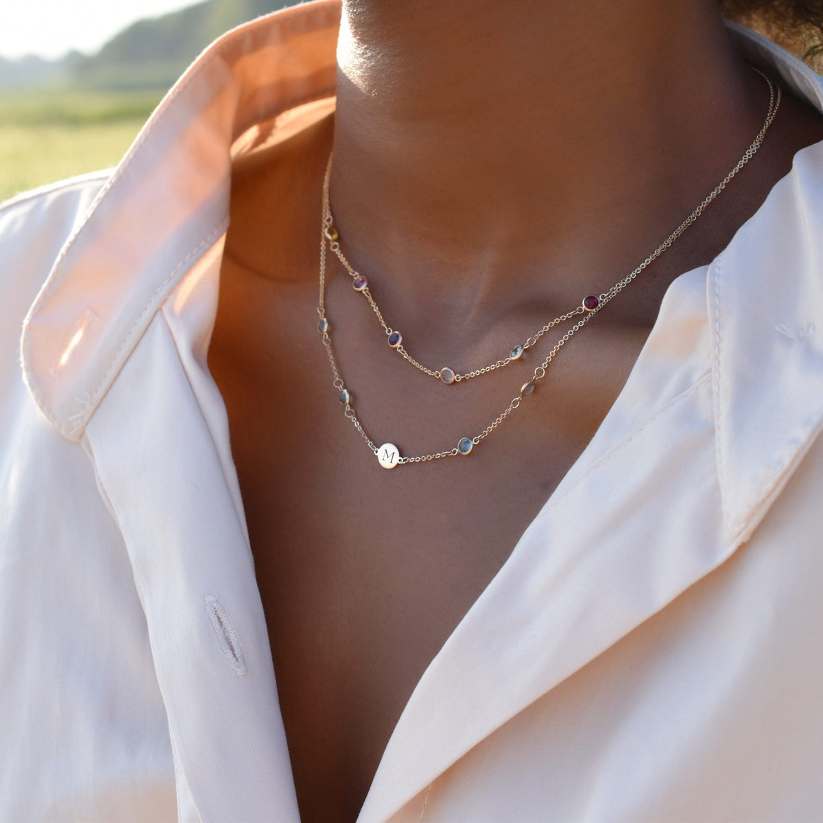 1 Letter & 4 Petite Birthstone Necklace in 14k Gold (Double Spacing)