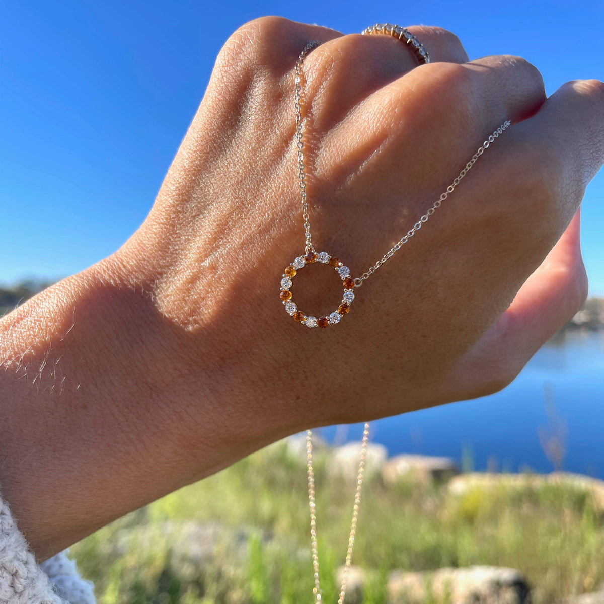 Rosecliff Circle Diamond & Citrine Necklace in 14k Gold (November)