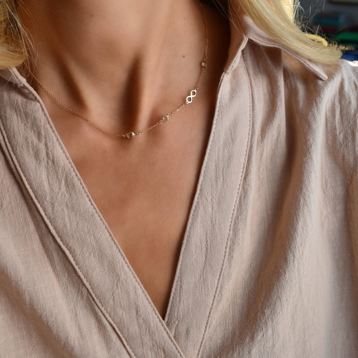 Infinity & Petite 3 Birthstone Necklace in 14k Gold