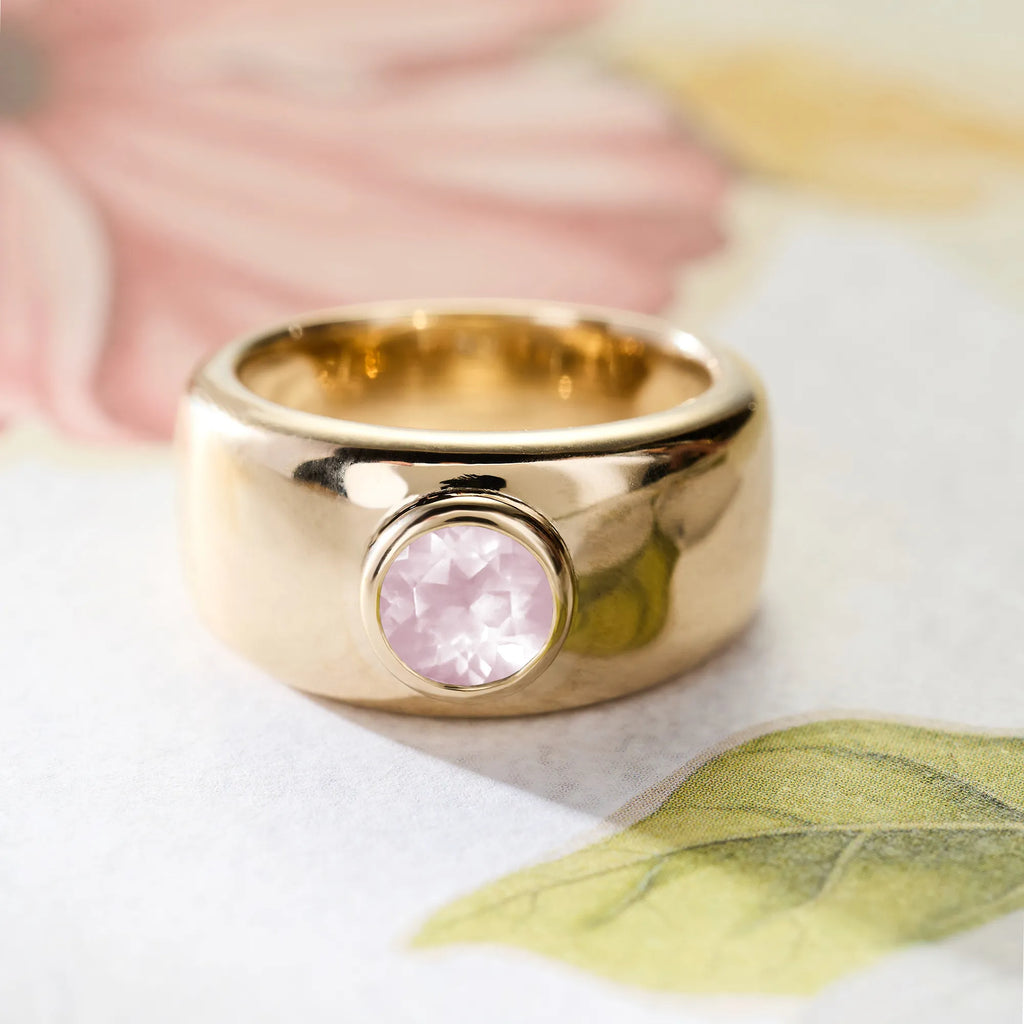 Jamestown Rose Quartz Band Ring in 14k Gold (October)