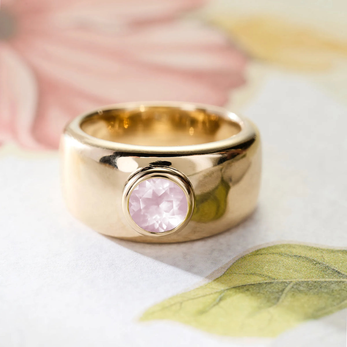 Jamestown Rose Quartz Band Ring in 14k Gold (October)