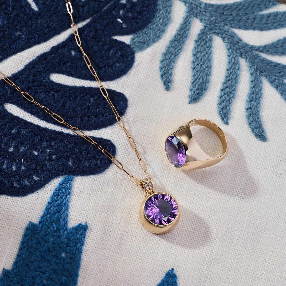 Jamestown Amethyst Pendant with Diamond Bail in 14k Gold (February)