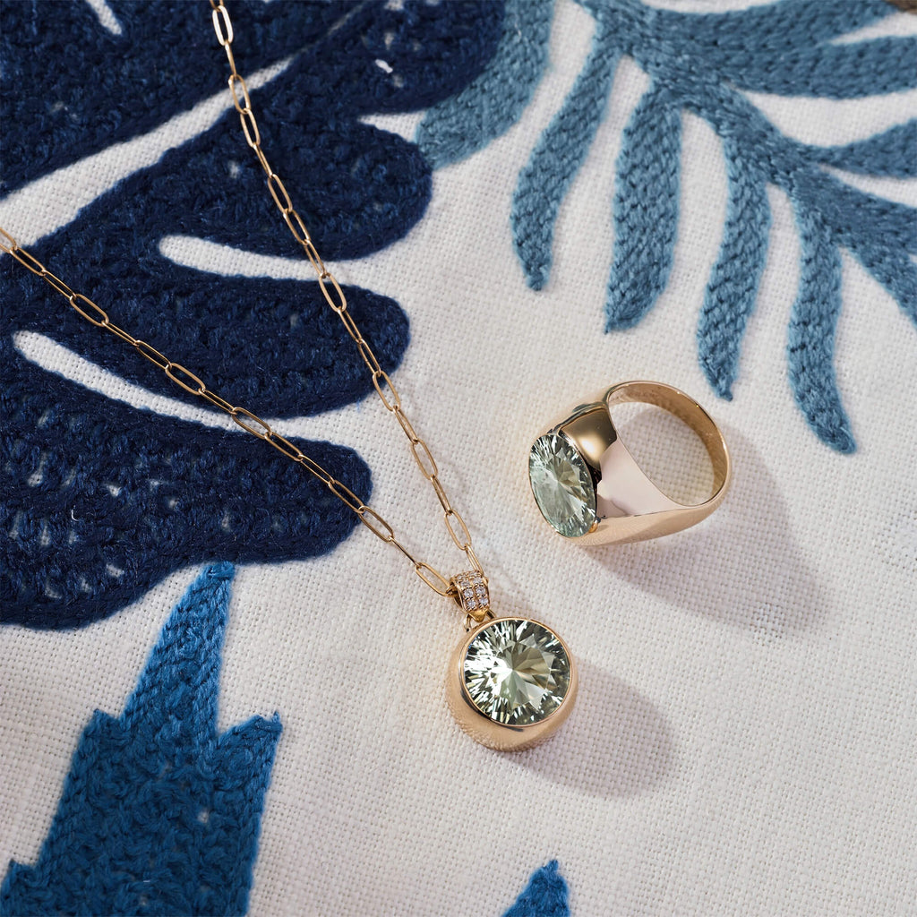 Jamestown Green Amethyst Pendant with Diamond Bail in 14k Gold (February)