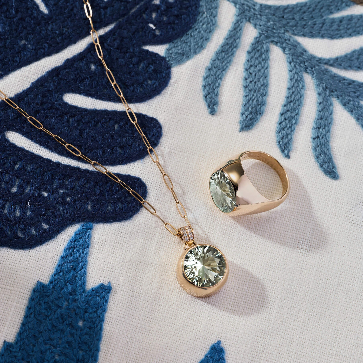 Jamestown Green Amethyst Pendant with Diamond Bail in 14k Gold (February)