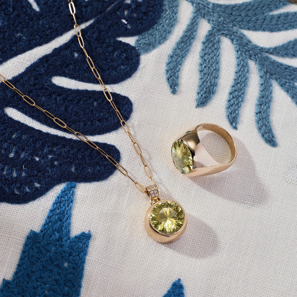 Jamestown Lemon Verbena Quartz Pendant with Diamond Bail in 14k Gold (August)