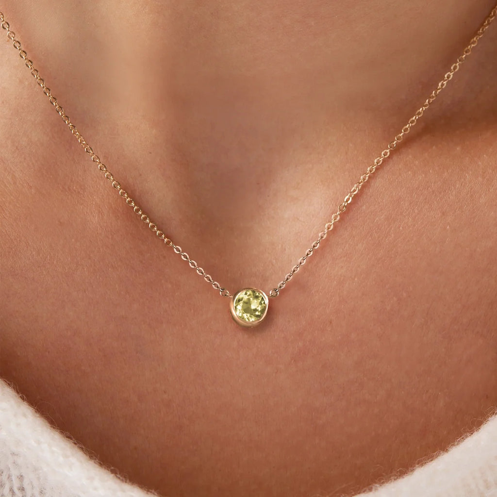 Jamestown Lemon Verbena Quartz Solitaire Necklace in 14k Gold (August)
