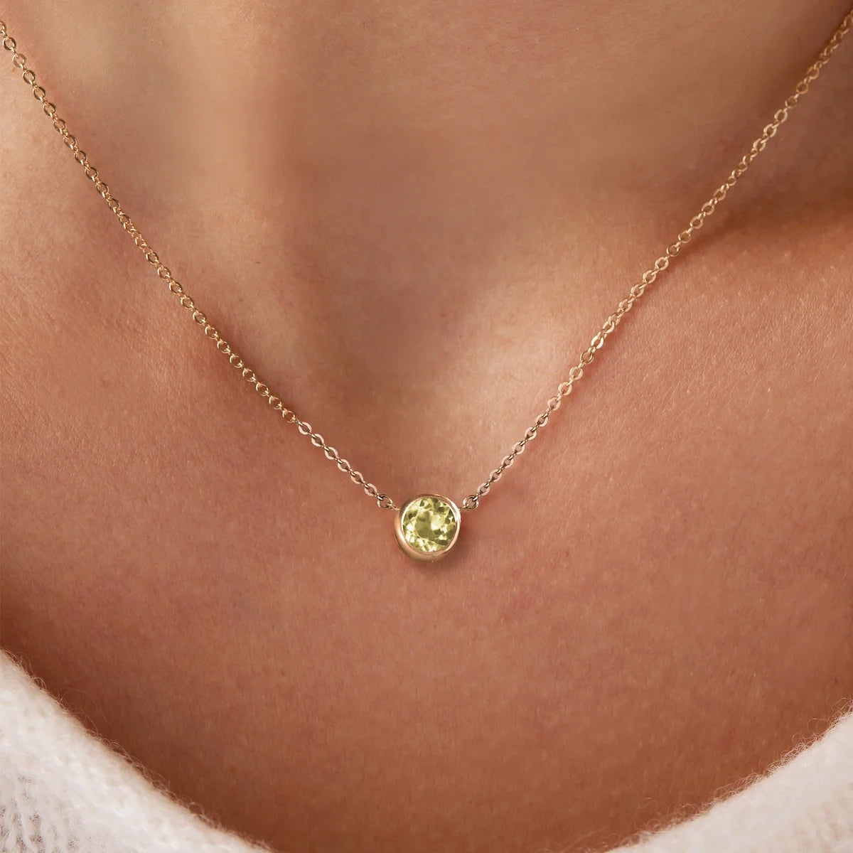 Jamestown Lemon Verbena Quartz Solitaire Necklace in 14k Gold (August)